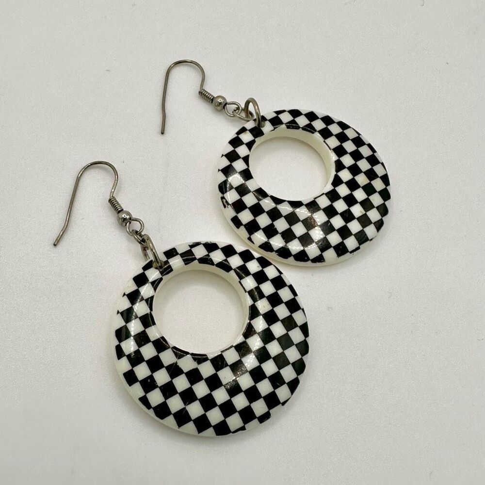 Black and white check circle drop earrings